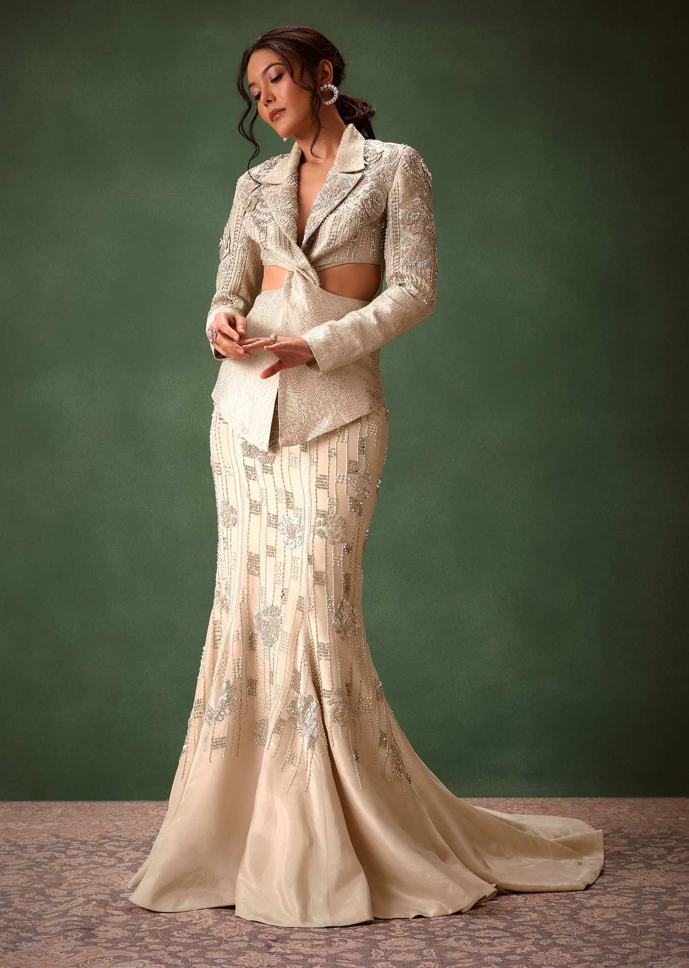 Silver Banarasi Brocade Jacket Lehenga Set