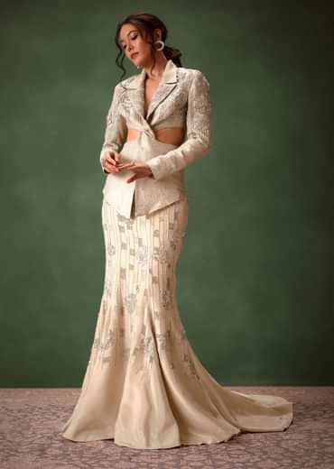 Silver Banarasi Brocade Jacket Lehenga Set