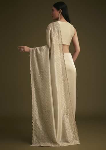Silver Beige Tissue Sequins Saree With Cutdana Detailing
