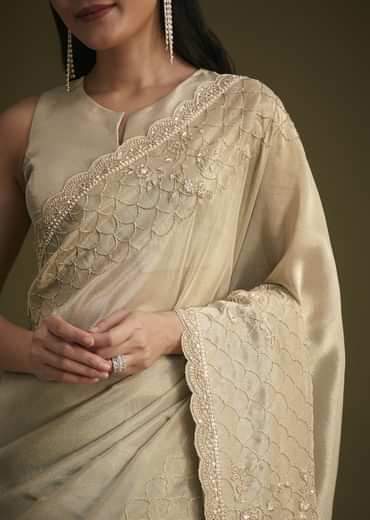Silver Beige Tissue Sequins Saree With Cutdana Detailing
