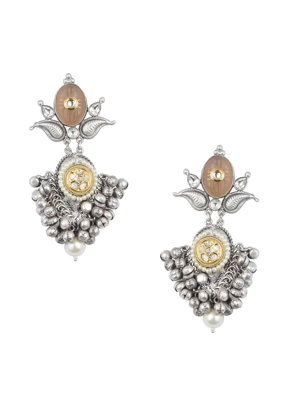 Silver Finish Orange Oxidsed Danglers With Meenakari And Carved Detail