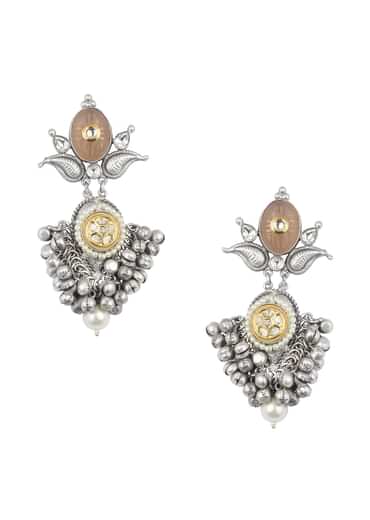 Silver Finish Orange Oxidsed Danglers With Meenakari And Carved Detail