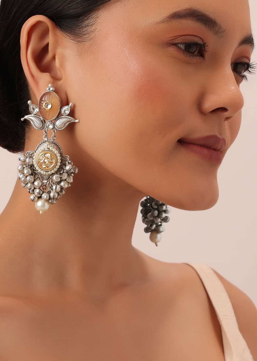 Silver Finish Orange Oxidsed Danglers With Meenakari And Carved Detail