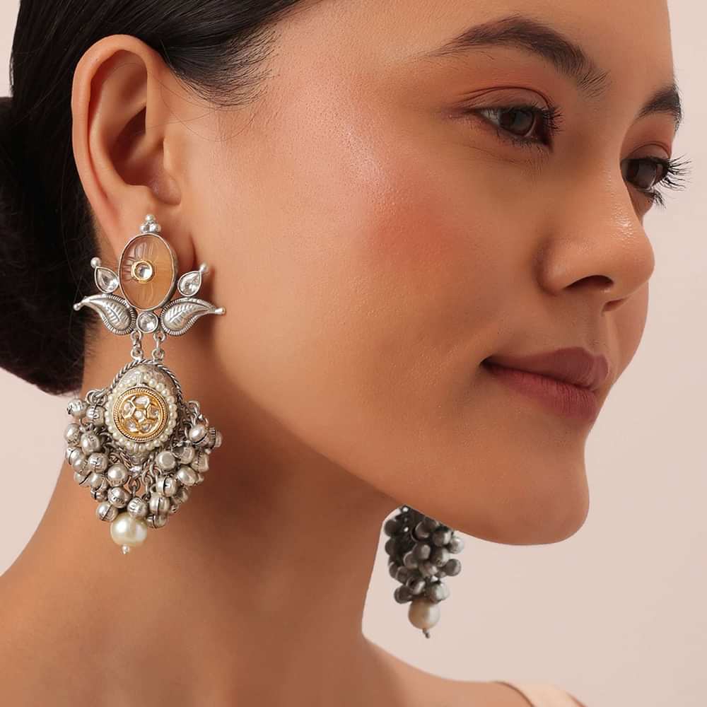 Silver Finish Orange Oxidsed Danglers With Meenakari And Carved Detail