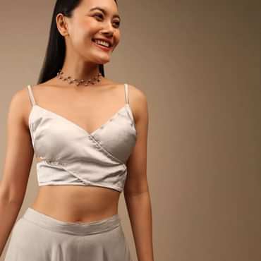 Silver Grey Blouse In Satin With A Wrap Around Design And Side Cut Outs