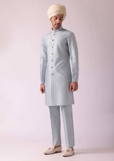 Silver Grey Embroidered Indowestern In Dupion Silk