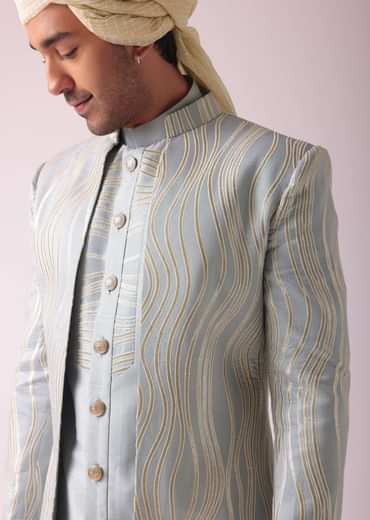 Silver Grey Embroidered Indowestern In Dupion Silk