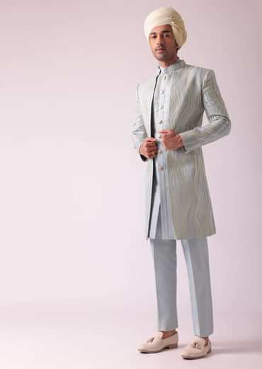 Silver Grey Embroidered Indowestern In Dupion Silk