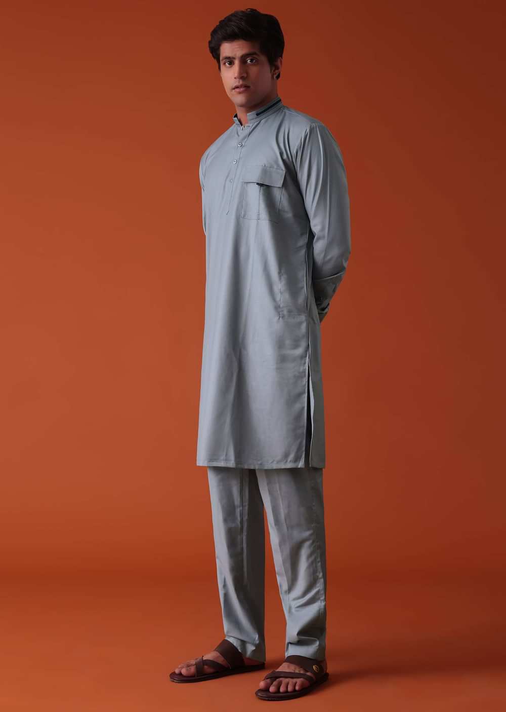 Silver Grey Pathani Kurta Set In Terry Rayon WIth Threadwork