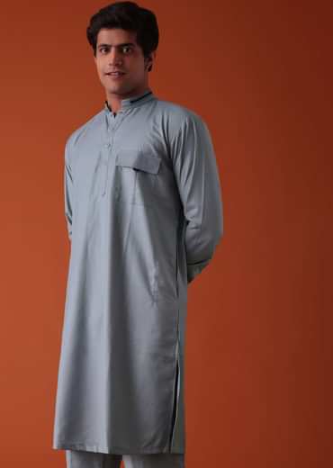 Silver Grey Pathani Kurta Set In Terry Rayon WIth Threadwork