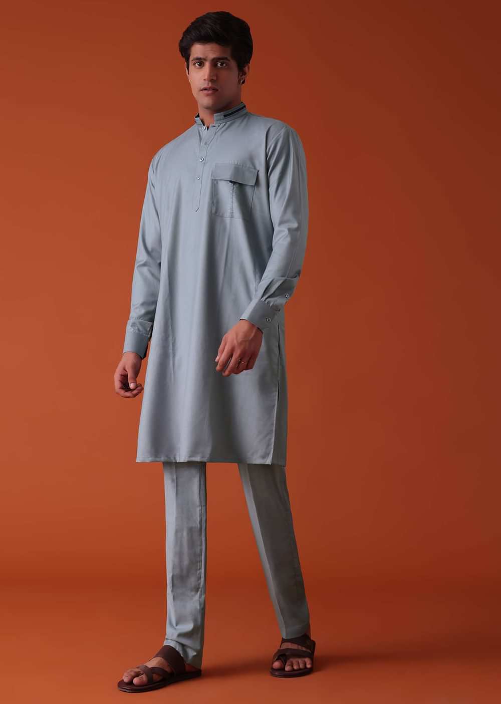 Silver Grey Pathani Kurta Set In Terry Rayon WIth Threadwork