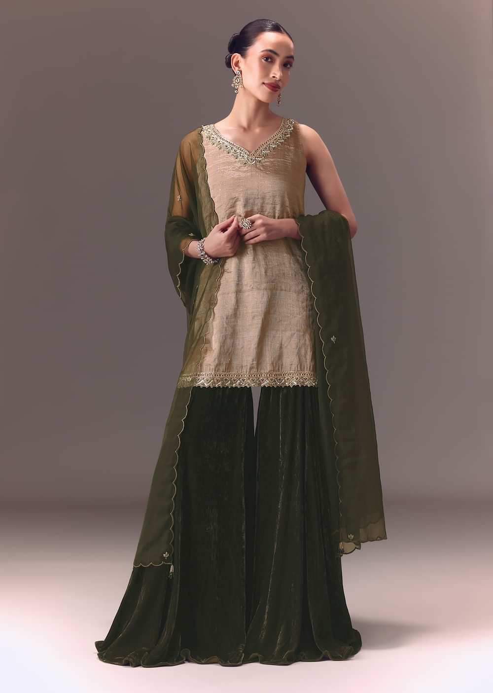 Silver Kurta With Embroidered Velvet Sharara Pants And Organza Dupatta