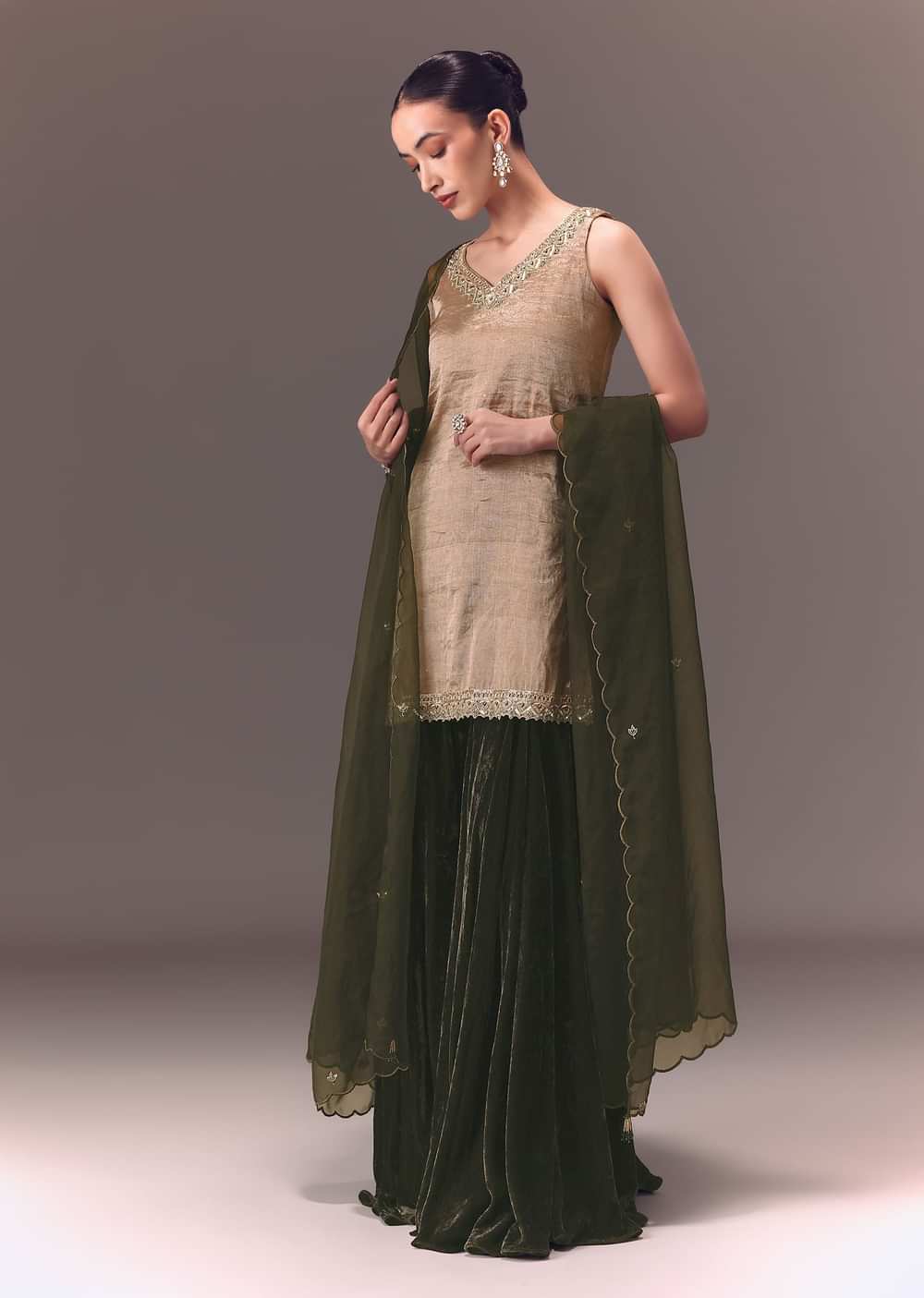 Silver Kurta With Embroidered Velvet Sharara Pants And Organza Dupatta