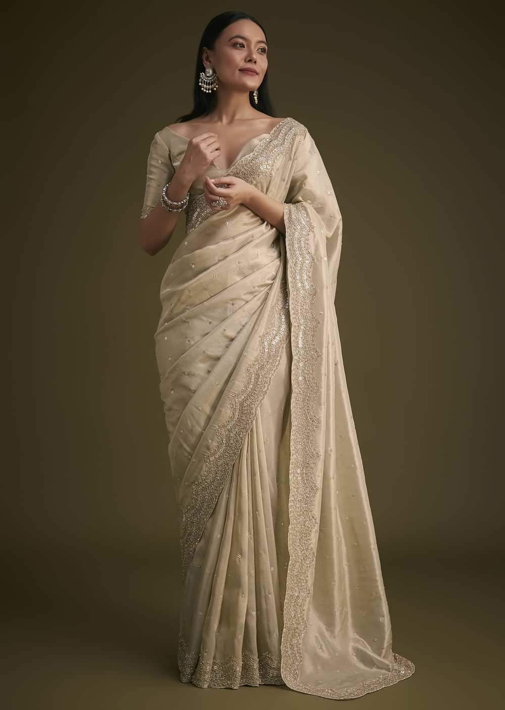 Silver Tissue Saree With Embroidered Border