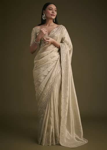 Silver Tissue Saree With Embroidered Border