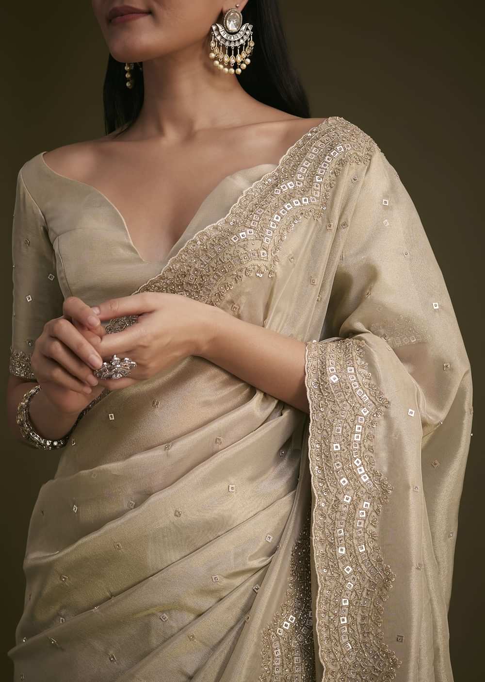 Silver Tissue Saree With Embroidered Border