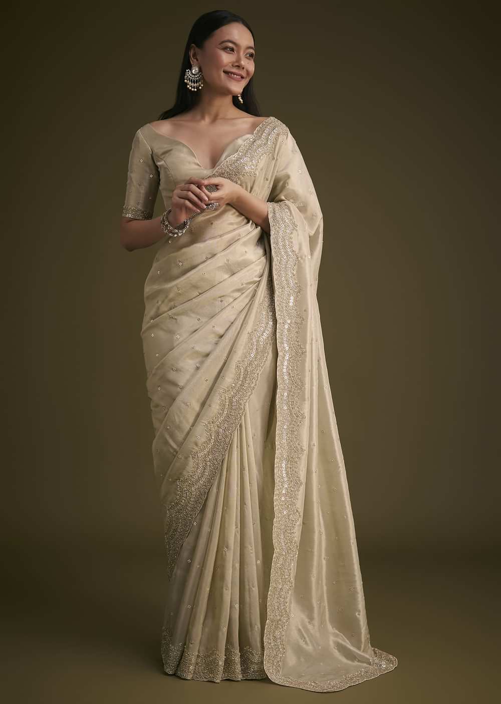 Silver Tissue Saree With Embroidered Border