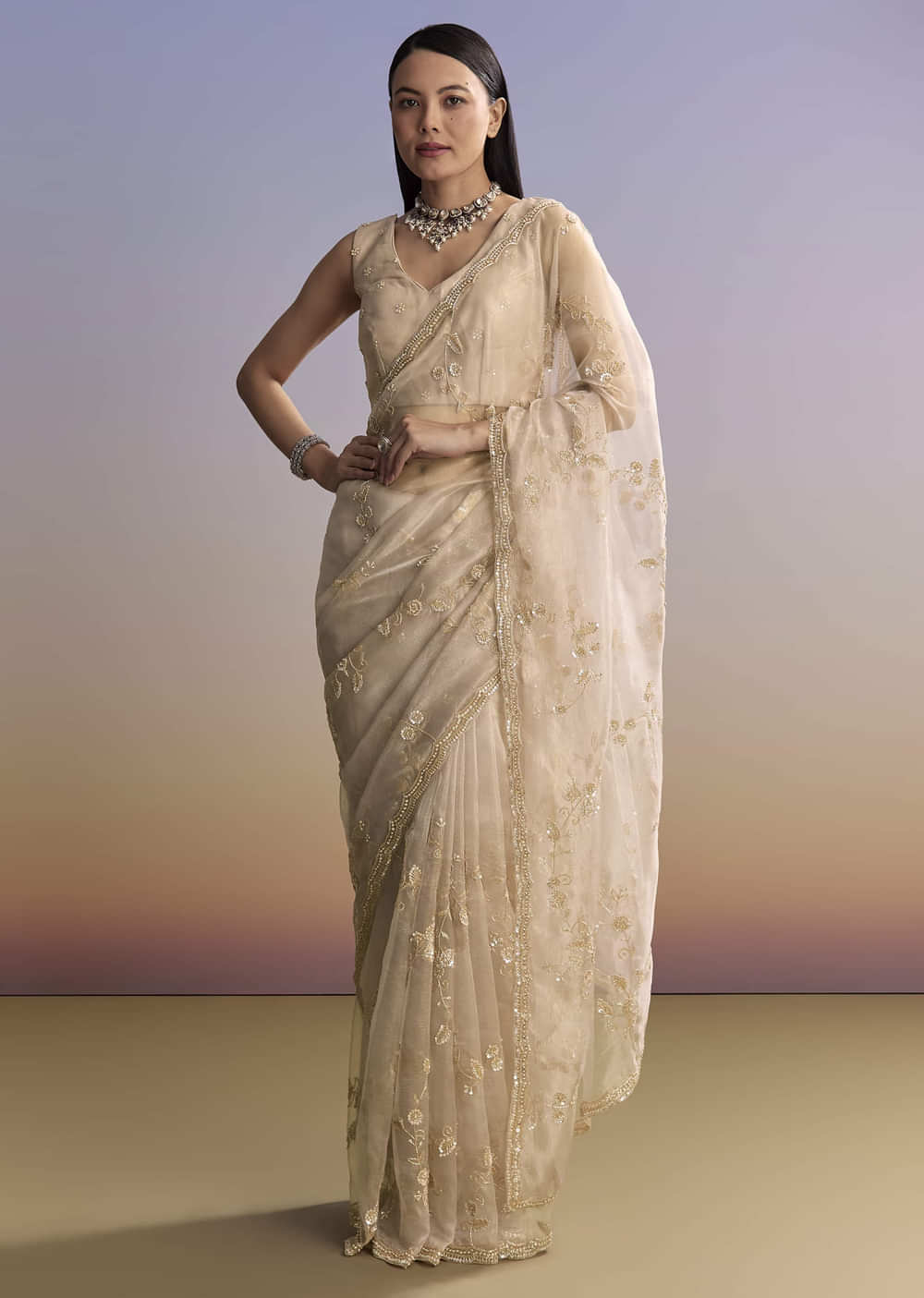 Silver Tissue Saree With Scallop Border And Sequins Work
