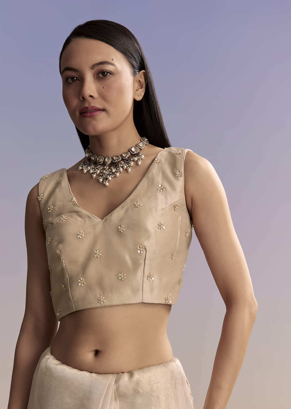 Silver Tissue Saree With Scallop Border And Sequins Work