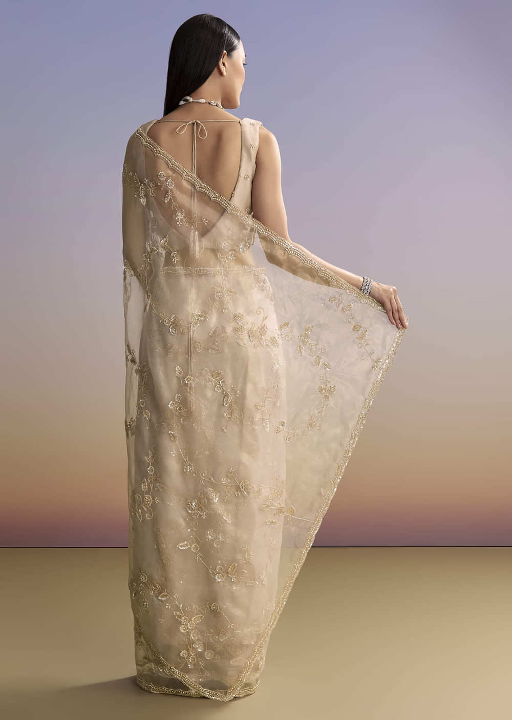 Silver Tissue Saree With Scallop Border And Sequins Work