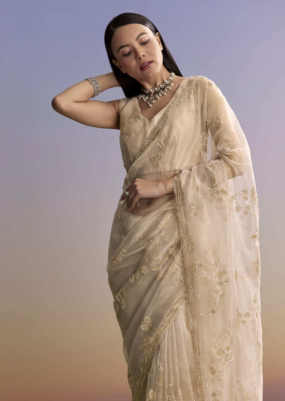 Silver Tissue Saree With Scallop Border And Sequins Work