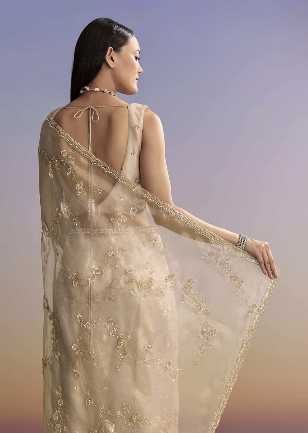 Silver Tissue Saree With Scallop Border And Sequins Work