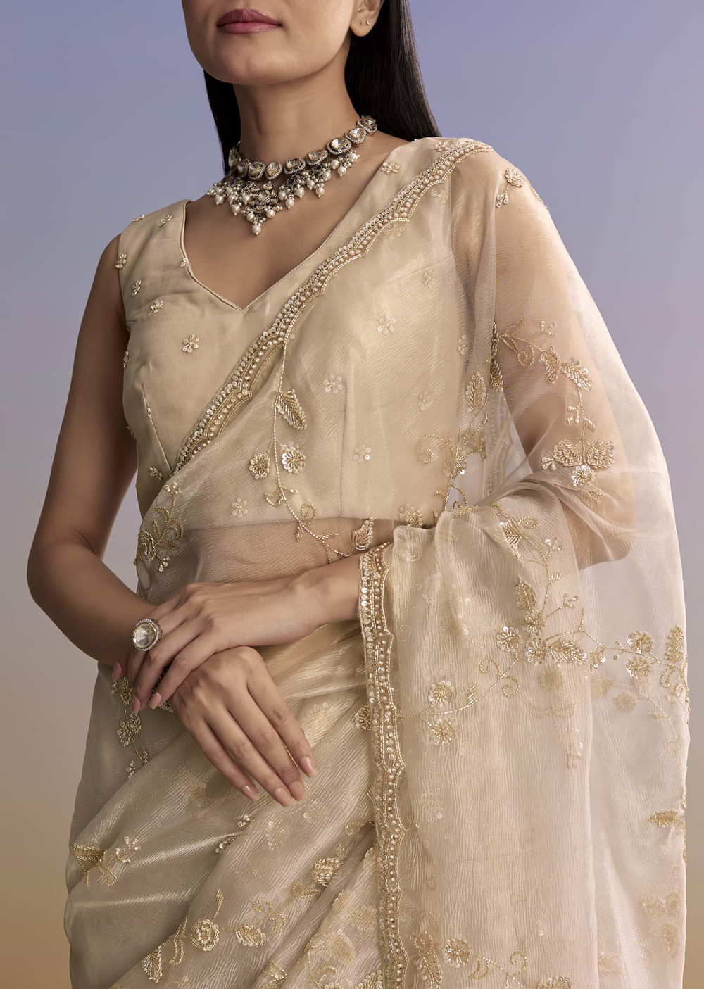 Silver Tissue Saree With Scallop Border And Sequins Work