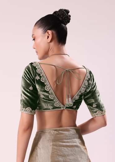 Silver Zari Tissue Saree With Embroidered Emerald Green Stitched Blouse