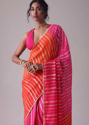 Ski Patrol Red Woven Ombre Saree In Organza