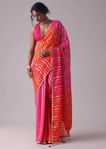 Ski Patrol Red Woven Ombre Saree In Organza