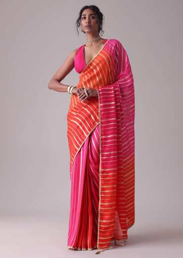Ski Patrol Red Woven Ombre Saree In Organza