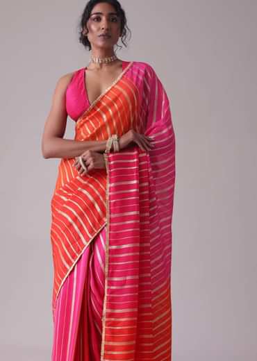 Ski Patrol Red Woven Ombre Saree In Organza