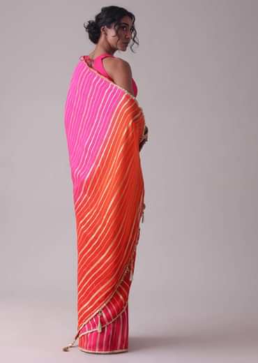 Ski Patrol Red Woven Ombre Saree In Organza