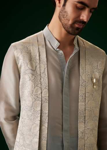 Sky Blue Banarasi Silk Kurta Jacket Set