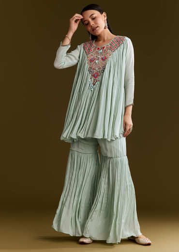 Sky Blue Chinon Flared Kurta Set With Thread Work