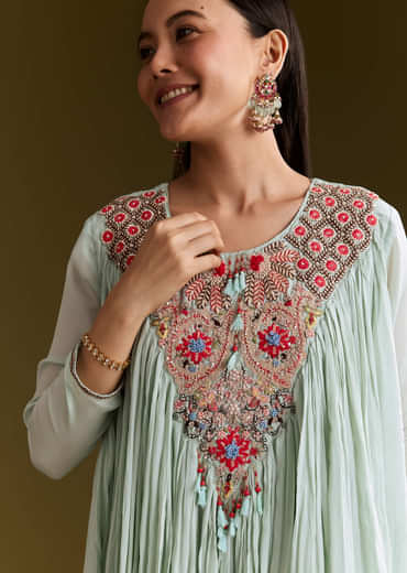 Sky Blue Chinon Flared Kurta Set With Thread Work