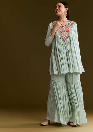 Sky Blue Chinon Flared Kurta Set With Thread Work
