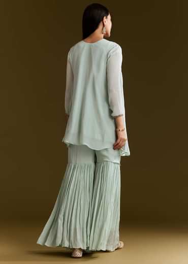 Sky Blue Chinon Flared Kurta Set With Thread Work