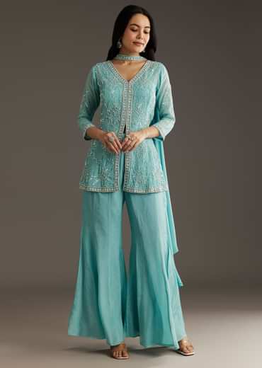 Sky Blue Chinon Front Slit Kurta Palazzo Set With Choker Style Dupatta