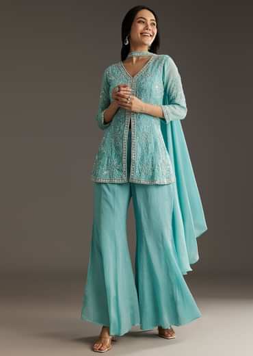 Sky Blue Chinon Front Slit Kurta Palazzo Set With Choker Style Dupatta