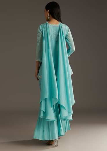 Sky Blue Chinon Front Slit Kurta Palazzo Set With Choker Style Dupatta