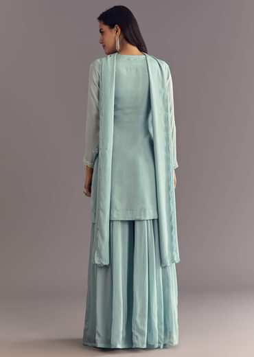 Sky Blue Chinon Kurta Dupatta Set With Moti And Cutdana Work