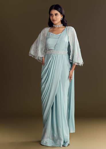 Sky Blue Chinon Pre Draped Saree With Cape And Belt