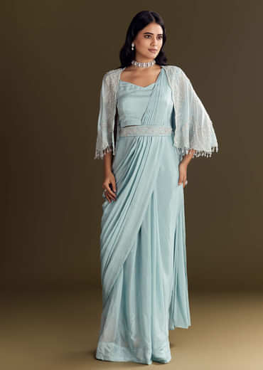 Sky Blue Chinon Pre Draped Saree With Cape And Belt