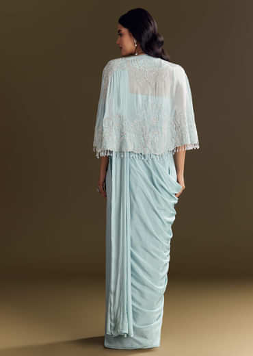Sky Blue Chinon Pre Draped Saree With Cape And Belt