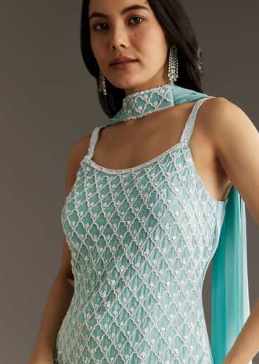 Sky Blue Chinon Sharara Suit Set With Choker Style Dupatta