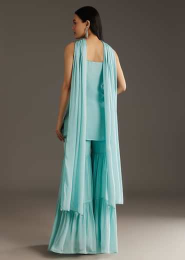 Sky Blue Chinon Sharara Suit Set With Choker Style Dupatta