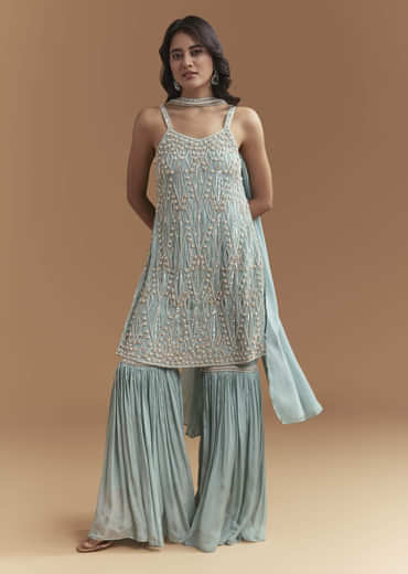 Sky Blue Chinon Sharara Suit With Moti And Beads Work