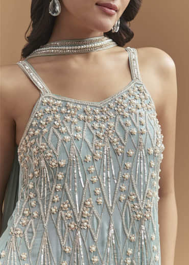 Sky Blue Chinon Sharara Suit With Moti And Beads Work