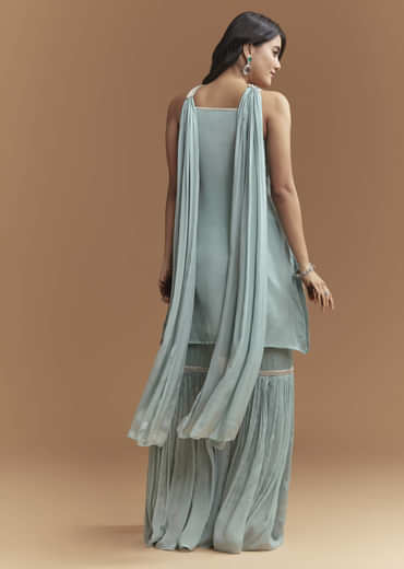 Sky Blue Chinon Sharara Suit With Moti And Beads Work